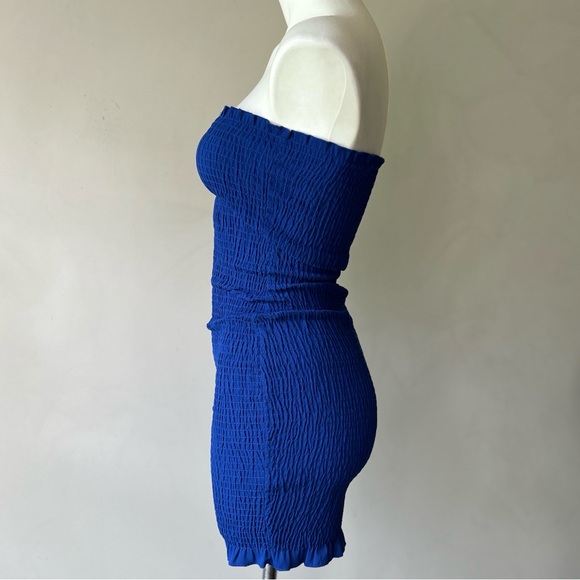 LF Seek The Label Smocked Strapless Ruffled Hem Bodycon Mini Dress, Royal Blue S - Picture 4 of 7
